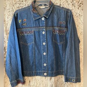 S collection Women’s size medium‎ denim jean jacket SUN beads Aztec embroidery